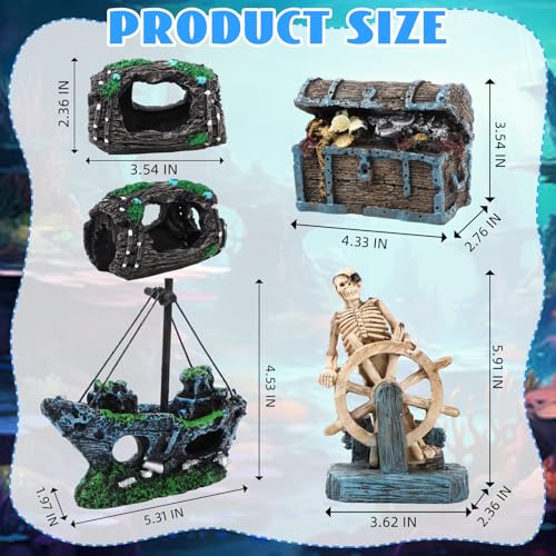 Kathfly 15 Pcs Large Resin Fish Tank Decorations, Aquarium Decor, Pirate Shipwreck, Treasure Chest, Broken Barrel, Pirate Captain Skeleton & Artificial Plants (Popular Style) - style: Classic