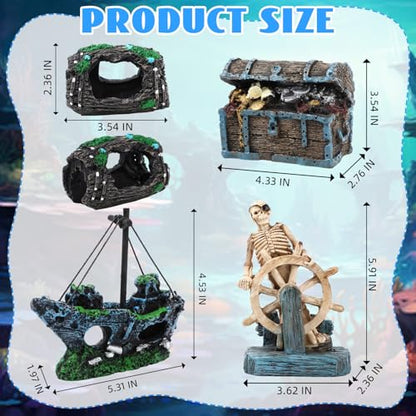 Kathfly 15 Pcs Large Resin Fish Tank Decorations, Aquarium Decor, Pirate Shipwreck, Treasure Chest, Broken Barrel, Pirate Captain Skeleton & Artificial Plants (Popular Style) - style: Classic