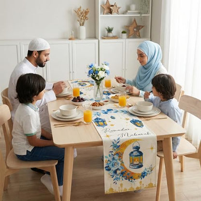 cnomg Eid Mubarak Table Runner Table Decorations 2 Pack Blue and Gold Holiday Kitchen Dining Table Runners with Moon Star and Lantern Flower for Home Party Decor 13 x 72 Inch
