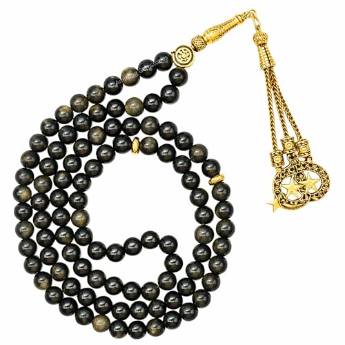 Amazing Gemstone Crystal Tasbeeh with Moon and Star Charm - Certified Crystal Muslim Prayer Beads Natural Gemstone Tasbih Gift for Ramadan Dhikr and Daily Namaz (G) - color: Gold Sheen Obsidian