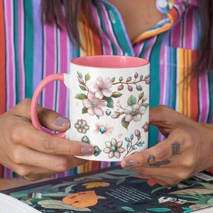 Personalized Sparkling Cherry Blossom Coffee Mug, National Cherry Blossom Festival Inspired Cup, Custom Name Ceramic Cup 11oz 15oz, Customized Elegant Floral Full Wrap White Mug - color: XUA-1124-3658-Cherry Blossom Festival