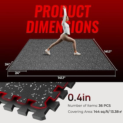 SUPERJARE 0.4'' Thick 36 Pcs 144 Sq Ft Rubber Top Exercise Equipment Mats, High Density EVA Foam Mats with Rubber Top, Interlocking Gym Flooring for Home Gym, Protective Workout Mat, Black/Grey - size: 36 Tiles (144 Sq Ft)