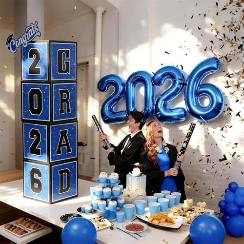2026 Graduation Decorations, 4Pcs Graduation Boxes with 60pcs Blue Gold Balloons for College, High School, Prom Party Supplies