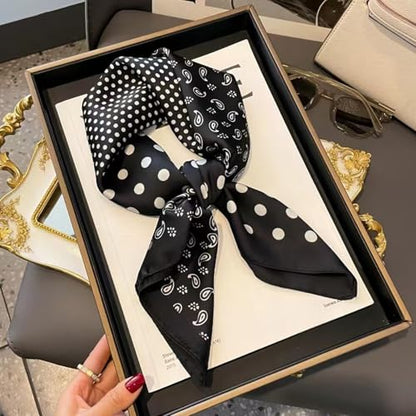 Sumolux Head Hair Scarf for Women Like Satin Silk Scarf Bandana Hair Wrapping Night Large Square Scarves 27.5" - color: Black Polka Dot Cashew Nuts