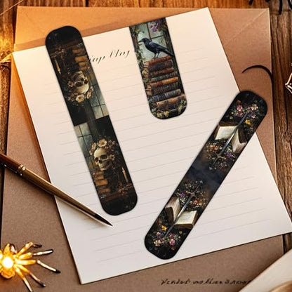 30PCS Dark Academia Magnetic Bookmarks Set, Aesthetic Gothic Skull Cat Rose Owl Book Mark Clips, Vintage Witchy Dark Romance Accessories for Women Men Students Book Lovers, 0.7×2.6in - style: Dark Academia 02