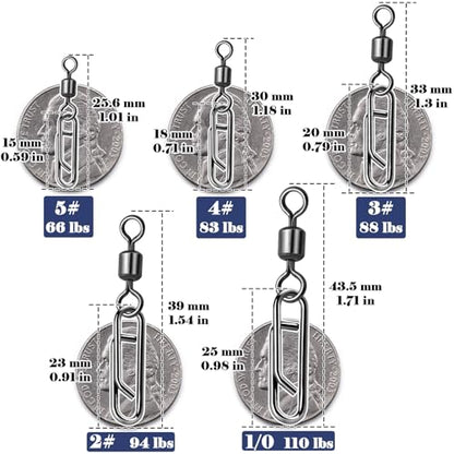 FishTrip 50pcs Fishing Rolling Swivel Power Clips for Rigs Lures | High Carbon Steel, Rust-Proof & Wear-Resistant, Quick Change Clip Snaps for Freshwater Saltwater Rigs Hooks Leaders Weights - size: 5#_50pcs