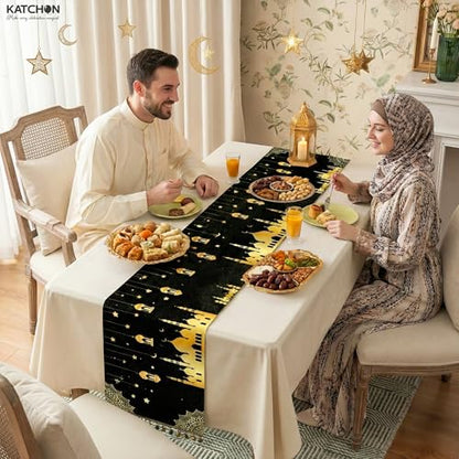 KatchOn, Black and Gold Ramadan Table Runner - 72*13 Inch | Eid Mubarak Table Runner for Eid Decorations | Ramadan Decorations | Islamic Decor