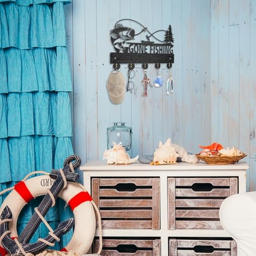 MAYJOYDIY Wood Fish Coat Rack, 5 Alloy Hooks, Wall Mounted, 11.8x8inch, Fishing Theme, Art Deco Style, Hallway Entryway Kitchen Gift - color: Fish
