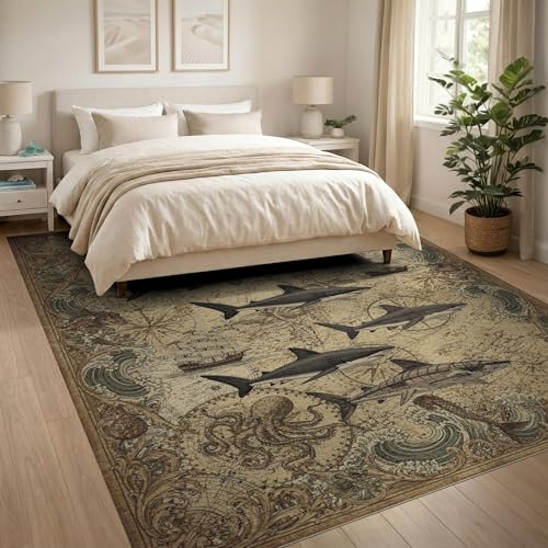 8'x10' Washable Traditional Wave Large Rug, Beige Non-Shedding Pet Friendly Carpet for King Size Bedroom, Master Suite, Under Bed, Foldable Easy Care Mat | Ref:2068056 - color: Beige/Pattern 21, size: 8' x 10' (Rectangular)