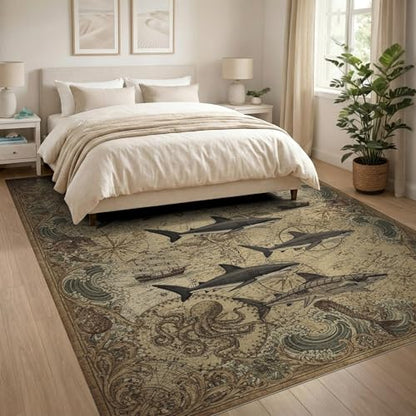 8'x10' Washable Traditional Wave Large Rug, Beige Non-Shedding Pet Friendly Carpet for King Size Bedroom, Master Suite, Under Bed, Foldable Easy Care Mat | Ref:2068056 - color: Beige/Pattern 21, size: 8' x 10' (Rectangular)