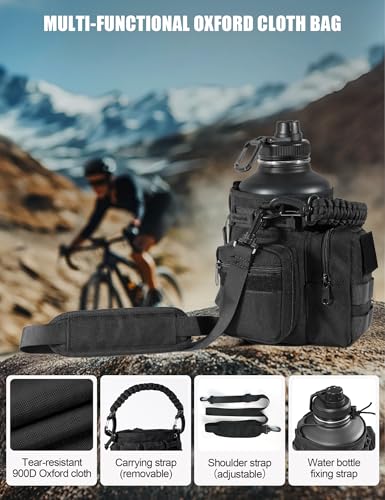 Tactical Half Gallon Water Bottle with Straw, 64 Oz Insulated Water Jug with Molle Water Bottle Holder, Stainless Steel Sport Bottle with 3 BPA Free Lids for Gym Workout Hiking (64oz-Black) - color: 64oz-Black