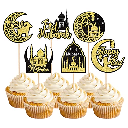 24 PCS Eid Mubarak Cupcake Toppers Glitter Moon Ramadan Kareem Happy Eid Cupcake Picks for Eid Islamic Muslim Theme Party Cake Decorations Supplies Gold Black - color: Design 2 Black + Gold