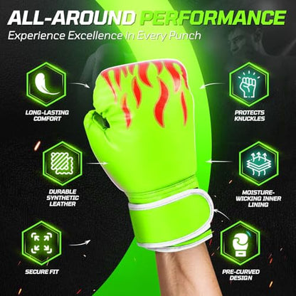 Flexzion Boxing Gloves for Kids 4oz – Training Punching Bag Mitts, Kid Boxing Gloves with Faux Leather & Wrap-Around Wrist Protection for Boys & Girls Ages 3-8 Years - color: Green Blaze