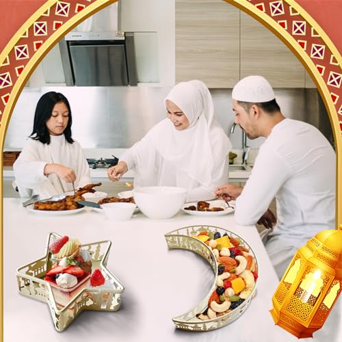 YumSur Ramadan Tray with Eid Mubarak Moon Star Design, Decorative Serving Tray, Islamic Holiday Theme (White) - color: White