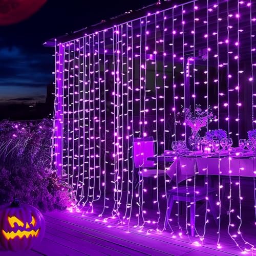 Dazzle Bright 300 LED Christmas Curtain String Lights, Halloween Fairy Lights for Bedroom with 8 Lighting Modes, Waterproof Window Light Party Wedding Garden Wall Decor, Purple - color: Purple