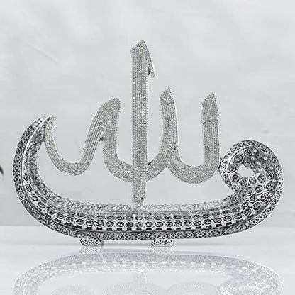 Asma ul husna 99 Names of Allah Name Small Size WAW with Rhinestones Islamic Art Ornament Table Decor (Silver Tone)