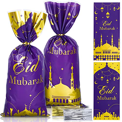 Whaline 150Pcs Eid Mubarak Cellophane Candy Bags Purple Eid Ramadan Castle Cello Plastic Bags with 200Pcs Silver Gold Twist Tie Muslim Theme Goody Treat Bags for Party Favor Supplies, 3 Designs