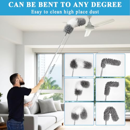 Microfiber Duster Kit 27pcs with 30 to 100 Inches Extension Pole and Wall Cleaner Mop, Washable and Bendable Feather Duster for Cleaning Ceiling Fans, High Ceilings, Cobwebs, Blinds, Grey - size: 27pcs