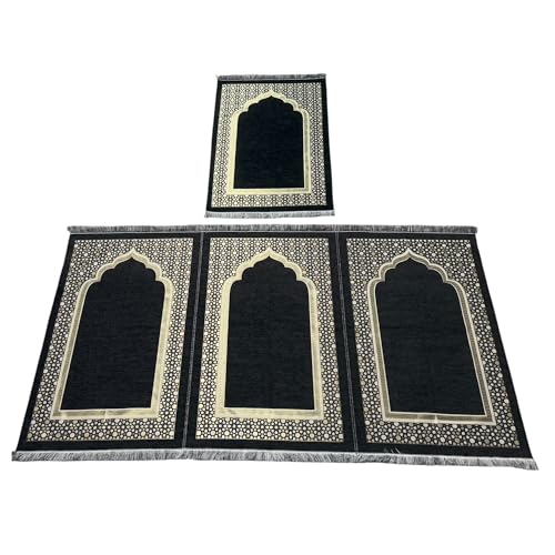 Modefa Turkish Islamic Prayer Rug - Multiperson Prayer with Imam Spot, Janamaz Sajada for Family or & Group Praying Mat - Chenille Embroidered Selcuk Star Islamic Pattern (4 Person) (Black) - color: Black