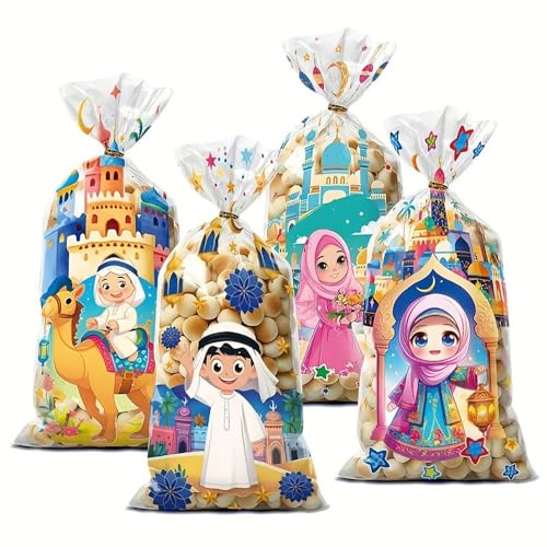 50pcs Eid Mubarak Colorful Gift Bags with Moon, Castle & Star Designs - with Tie Closure for Ramadan Kareem Celebrations & Islamic Muslim Party Favors (Transparent pattern) - color: Transparent pattern