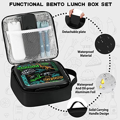 JXXM Bento Lunch Box for Kids With 8oz Soup thermo,Leak-proof Lunch Containers with 5 Compartment,thermo Food Jar and Lunch Bag, Food Containers for School (A-Black(Dinosaur Fossil)) - color: Black Dinosaur Fossil