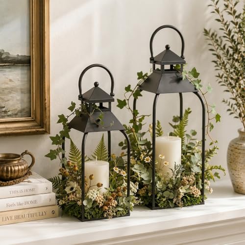 16" 12" Farmhouse Metal Lanterns, Arched Handle Candle Holder for Fireplace - color: Black, size: 16" / 12"