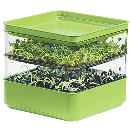 Seed Sprouter Kit, Two Tier Stackable Seedling Starter Tray with Lid, Microgreens Propagator Mini Plant Grow Trays, Germinate Seeds Indoors, Healthy Snacks, Bean Sprouts, Soil Free
