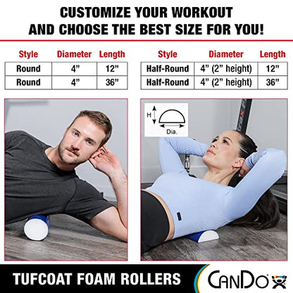 CanDo Premium TufCoat Blue Coated Half-Round Foam Rollers for Muscle Restoration, Massage Therapy, Rehabilitation, Sport Recovery and Physical Therapy for Home, Clinic and Gym - size: 4" X 12", style: Half Round