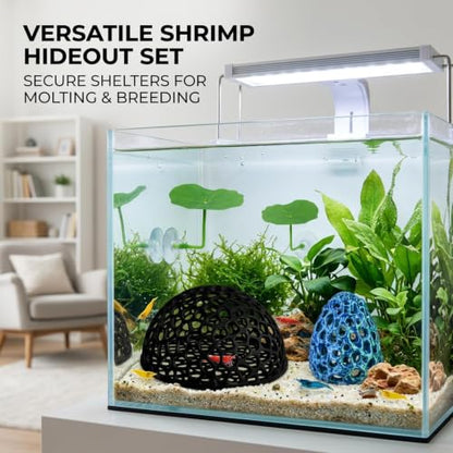 4-Piece Breeding Sanctuary Set with Egg-Shaped and Half-Round Caves, Shrimp Hides for Aquarium,Plastic Aquarium Decorations for Betta Fish and Nano Tanks, Safe Molting Shelters with Leaf Accents