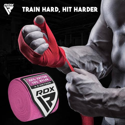 RDX Boxing Hand Wraps 4.5M / 180 Inches – Mexican Style Semi-Elastic MMA Inner Gloves - Wrist Support for Muay Thai, Kickboxing, BJJ, Karate - Thumb Loop & Hook and Loop Closure - Cotton & Nylon Blend - color: Pink