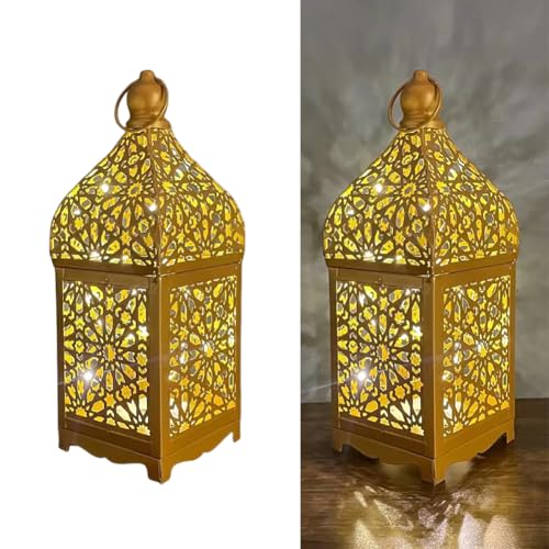 Moroccan Lightweight Ornate Lantern Lamp, Moroccan LED Lantern Decorative Indoor for Indian Wedding, Eid, Ramadan, Events - color: Small Gold