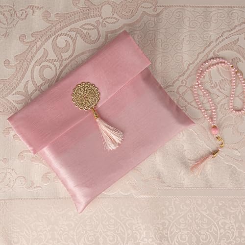 Modefa Islamic Prayer Mat Muslim Gifts - Thin Travel Muslim Prayer Rug in Taffeta Gift Bag with Tasbih Beads Prayer Matt Islam - Chenille Turkish Praying Carpet - Ramadan Gifts (Pink) - color: Pink