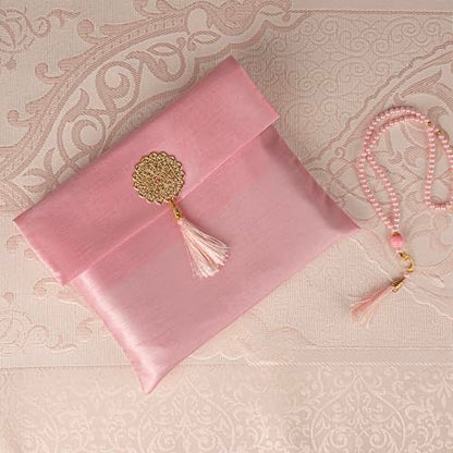 Modefa Islamic Prayer Mat Muslim Gifts - Thin Travel Muslim Prayer Rug in Taffeta Gift Bag with Tasbih Beads Prayer Matt Islam - Chenille Turkish Praying Carpet - Ramadan Gifts (Pink) - color: Pink