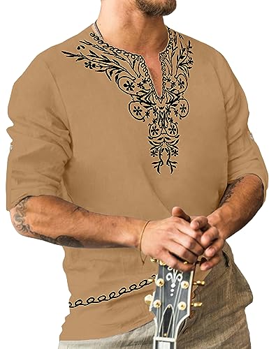 JoZorro Mens Polyester Linen V Neck Henley Shirt Long Sleeve Caftan Handmade Tunic Embroidered Casual Beach T Shirts - color: Khaki, size: Small