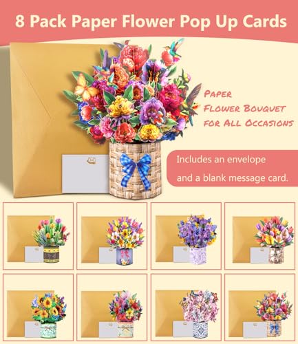 Magic Ants 8 Pack 3D Pop Up Flower Bouquet Cards Assortment – Beautiful Spring Floral Greeting Cards with Envelopes and Black Notes –for Birthday, Mother's Day, Thank You, Get Well - style: Petal Pack 8