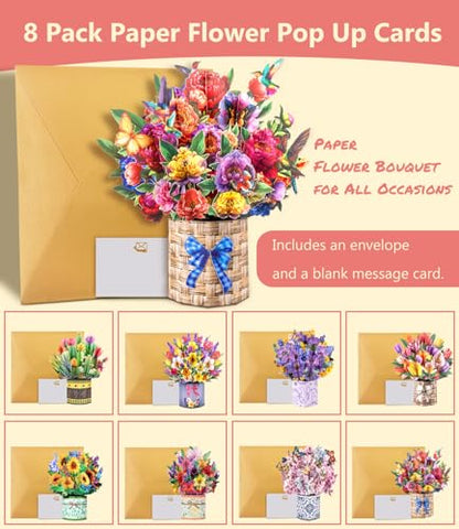 Magic Ants 8 Pack 3D Pop Up Flower Bouquet Cards Assortment – Beautiful Spring Floral Greeting Cards with Envelopes and Black Notes –for Birthday, Mother's Day, Thank You, Get Well - style: Petal Pack 8