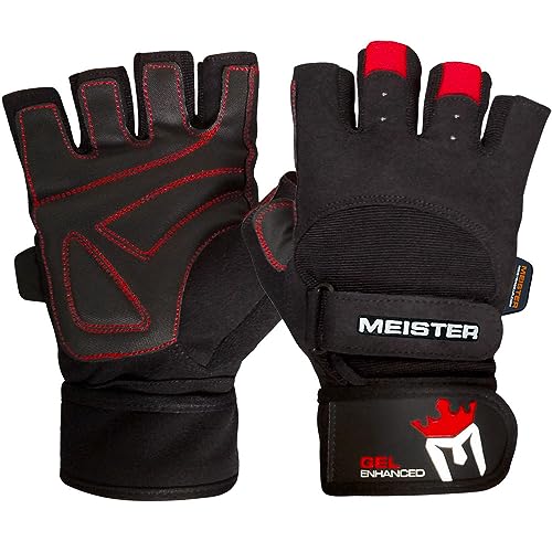 Meister Wrist Wrap Weight Lifting Gloves w/Gel Padding - color: Black / Red, size: X-Large