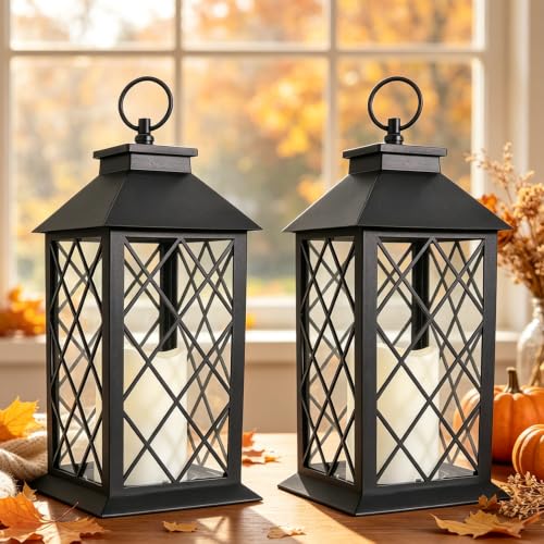 2-Pack 13.5" Vintage Candle Lantern with LED Pillar Light (Black, 6hr Timer) - IP44 Waterproof Battery Powered Decorative Light - Outdoor Hanging Lantern Decorative Indoor Candle Holder - color: [2-pack] Textured Black Lantern - White Candle