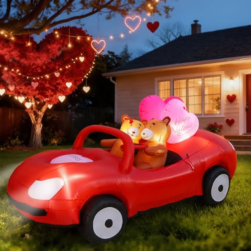 Lewondr 7.5FT Valentine's Day Inflatable Outdoor Decorations, Lovely Bears Drive a Car Blow up Romantic Yard Decoration with 10 Build-in Lights, Valentine's Inflatable Decor for Lawn Party Wedding - style: Car