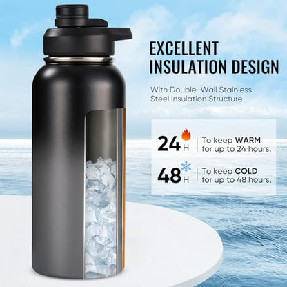 Fijinhom Insulated Water Bottle with Handle, 304 Stainless Steel Water Bottles with Wide Mouth, Double Wall Vacuum Sports Water Bottle, BPA Free, Keep Cold and Hot, 32 Ounces Black/Gray - color: Black/Gray, size: 32 Ounces