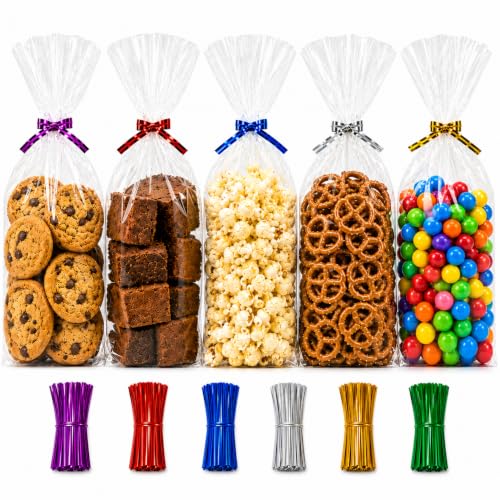200 Clear Cellophane Treat Bags 5'' x 11'' (12.7 x 27.9cm) with Twist Ties 6 Mix Colors - 1.4 Mil Thick OPP Cello Bags for Pretzels, Popcorn, Long Cookies, Snack Mixes and Party Favors - size: 5'' x 11''