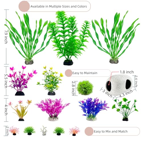 Aquarium Decorations Set, 16Pieces Artificial Plastic Plants & Smooth Fish Cave Rock, Non-Damaging Ornaments for Fish Tank with Gift Box Packaging, Goldfish & Betta Fish Tank Accessories
