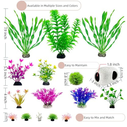 Aquarium Decorations Set, 16Pieces Artificial Plastic Plants & Smooth Fish Cave Rock, Non-Damaging Ornaments for Fish Tank with Gift Box Packaging, Goldfish & Betta Fish Tank Accessories