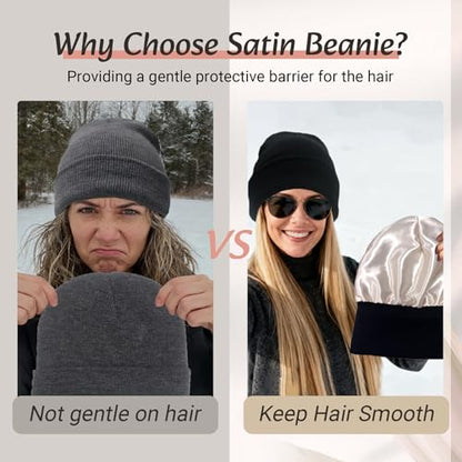 PFFY Satin Lined Beanie for Women Winter Hats Warm Reduce Frizz - color: Grey