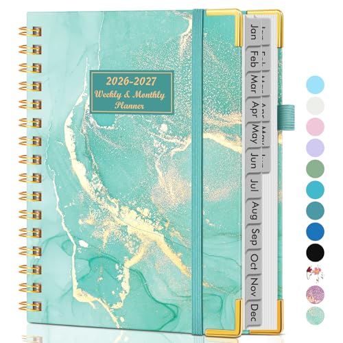 Planner 2026-2027, 18 Months Weekly and Monthly Hardcover Planner, January 2026 - June 2027, 5.75" x 8.38" A5 Daily Calendar Planner Book with Tabs, Spiral Yearly Agenda Organizer Notebook for School Work Home, Teal Marble - color: Teal Marble, size: A5 (