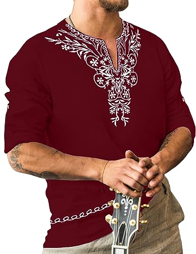 JoZorro Mens Polyester Linen V Neck Henley Shirt Long Sleeve Caftan Handmade Tunic Embroidered Casual Beach T Shirts - color: Wine Red, size: X-Large