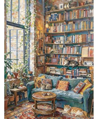 1000 Piece Puzzle for Adults, Jigsaw Puzzle Cozy Library with Cats - color: Cozy Library - Turquoise