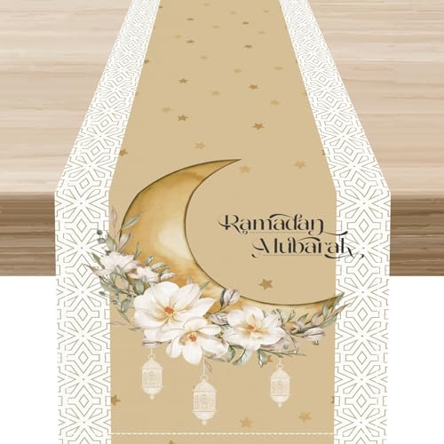Ramadan Mubarak Table Runner,Eid Al Fitr Golden Moon Ramadan Eid Banner Ramadan Decorations Table Center Decor for Kitchen Family Holiday Party Indoor Outdoor, 13"x36" - color: Ramadan-6, size: 13"X36"