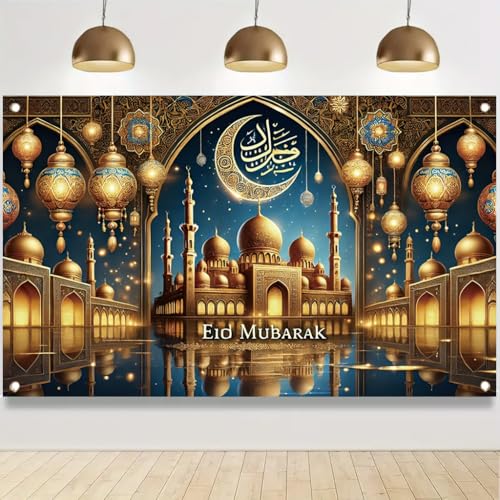Eid Mubarak Banner 71x43 Inch Blue Gold Mosque Crescent Lantern Design For Ramadan Eid Festival Islamic Party Decorations Elegant Wall Banner - color: Style 4
