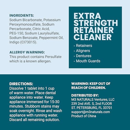 Retainer Cleanser Tablets Cleaner, Removes Odors Discoloration Stains and Plaque 2 Month Supply Denture Cleansers Retainers Mouth Guards Denture Bath Mint by M3 Naturals (Pack of 2) - size: 60 Count (Pack of 2)